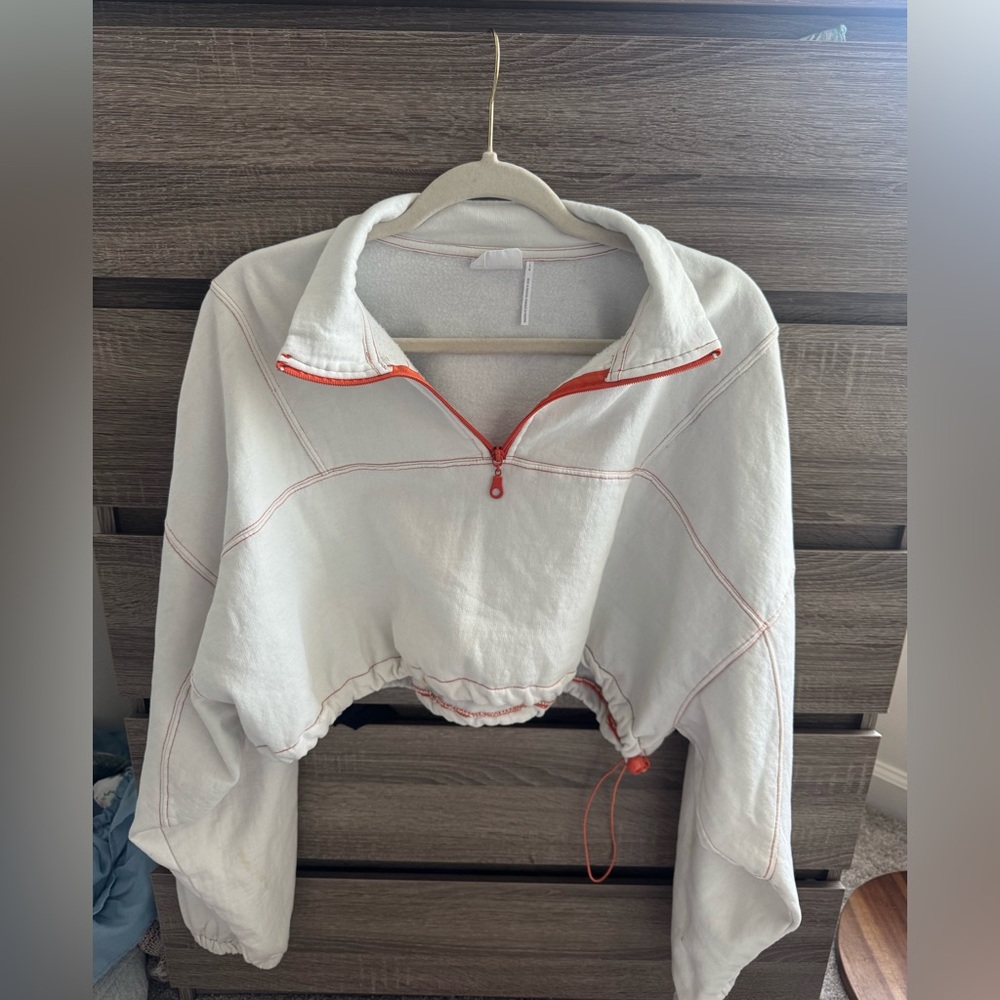 Urban Outfitters cropped quarter zip, white with orange stitching